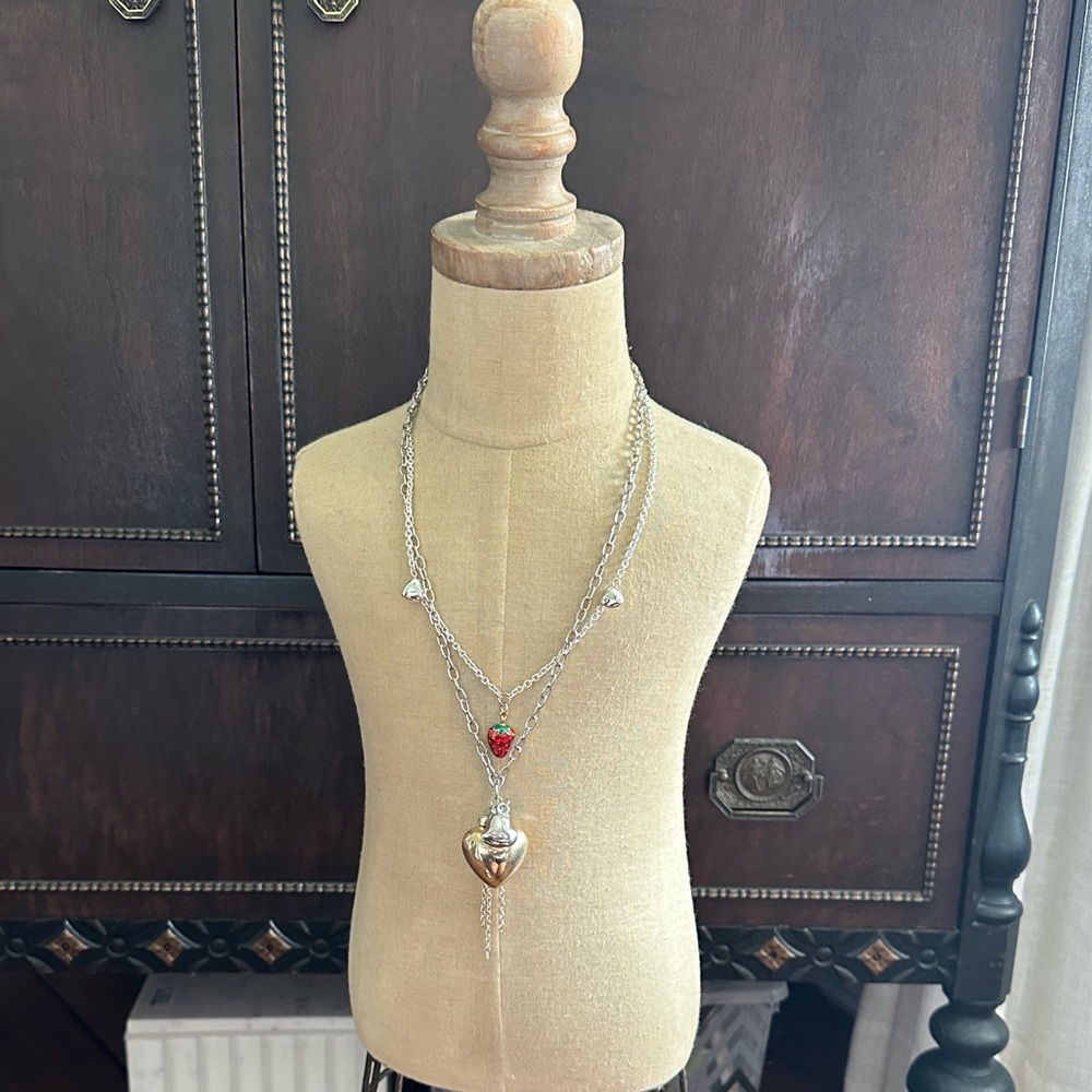 Juicy Couture y2k Layered Necklace Mixed Metals with Heart and Strawberry Charms